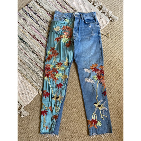 Zara Denim - Zara Satin Embroidered Bird Distressed Jeans